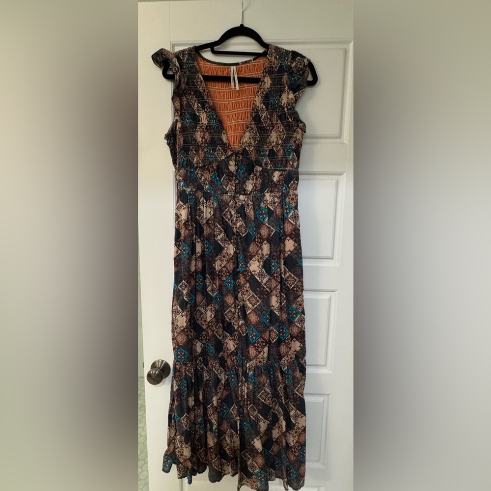 Anthropologie Brown Teal Patchwork V‑Neck Maxi Dress
